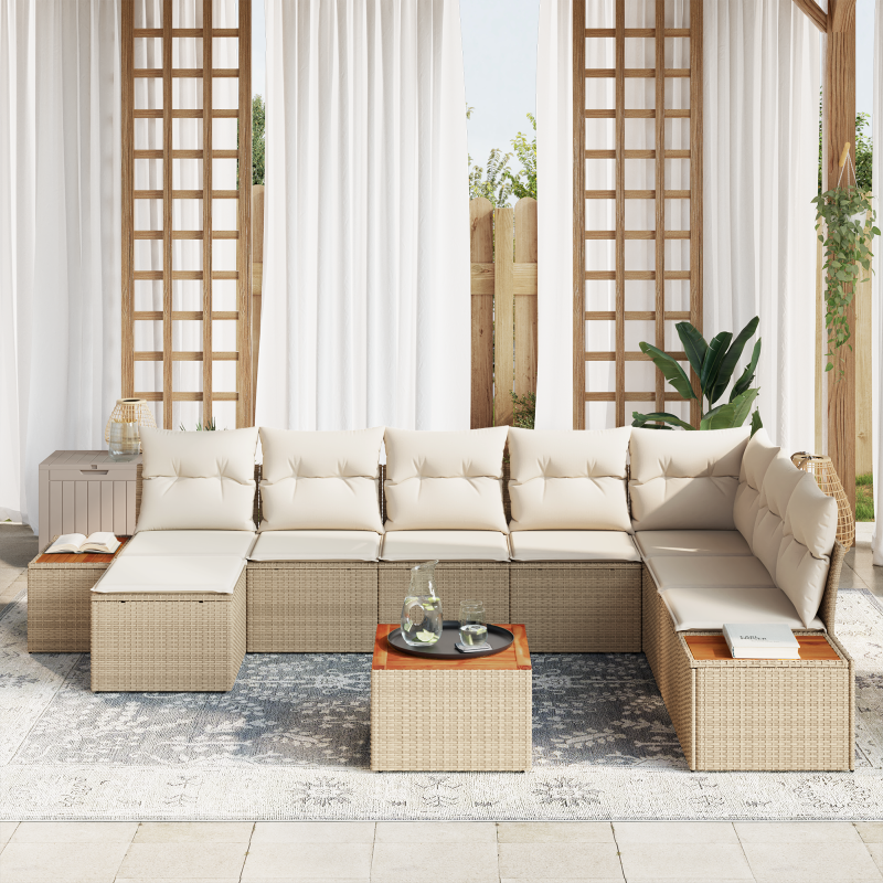 9-teiliges Garten-Sofa-Set mit Kissen Beige Poly-Rattan Akazie