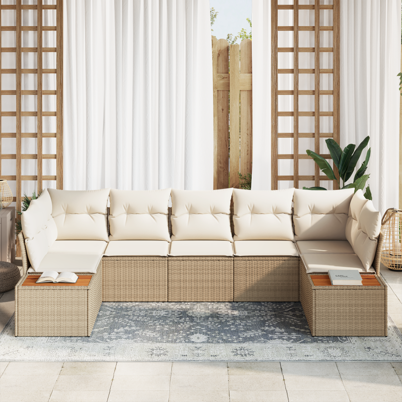 7-teiliges Garten Sofa Set mit Kissen Beige Poly Rattan Akazie