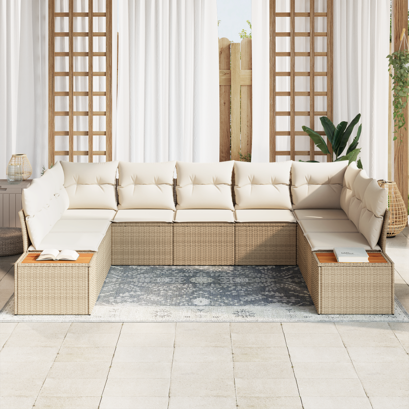 5-teiliges Garten Sofa Set mit Kissen Beige Poly Rattan Akazie