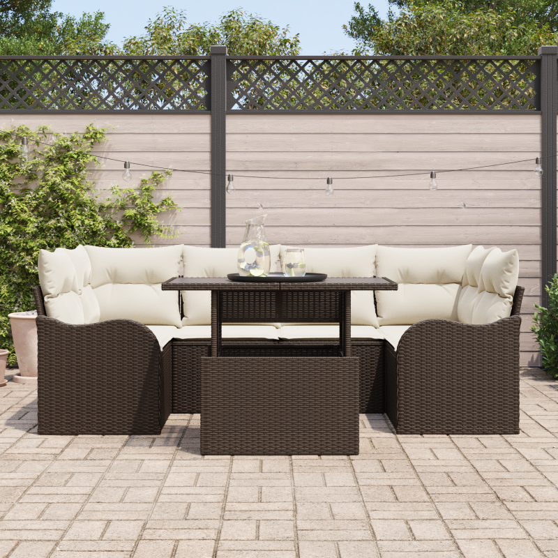 7-teiliges Garten-Sofa-Set mit Kissen Braun Poly Rattan