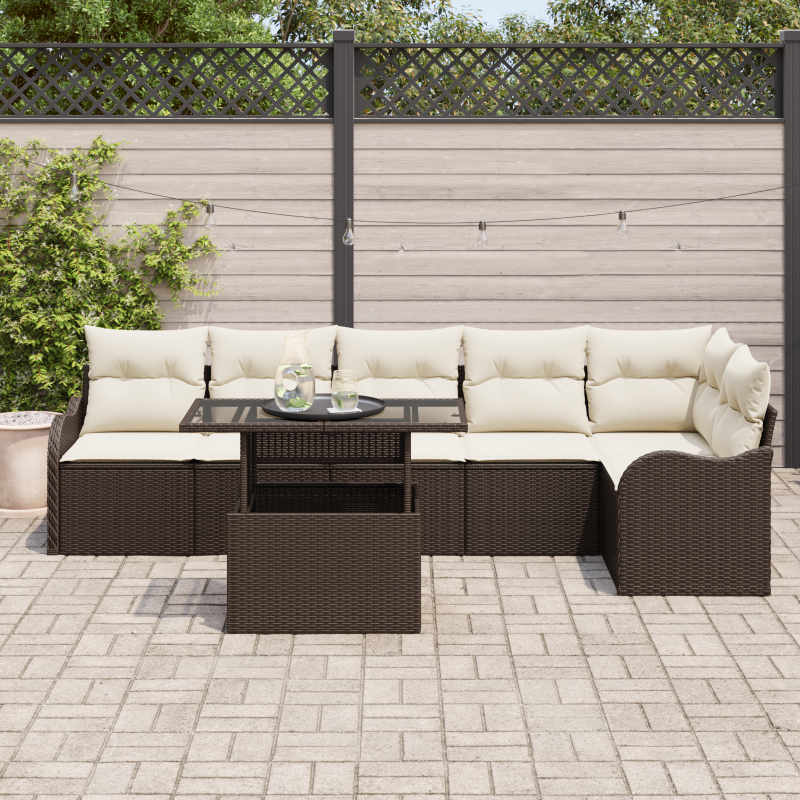 7-teiliges Garten Sofa Set mit Kissen Braunes Poly Rattan