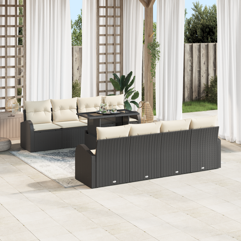 9-teiliges Garten-Sofa-Set mit Kissen Schwarz Poly-Rattan