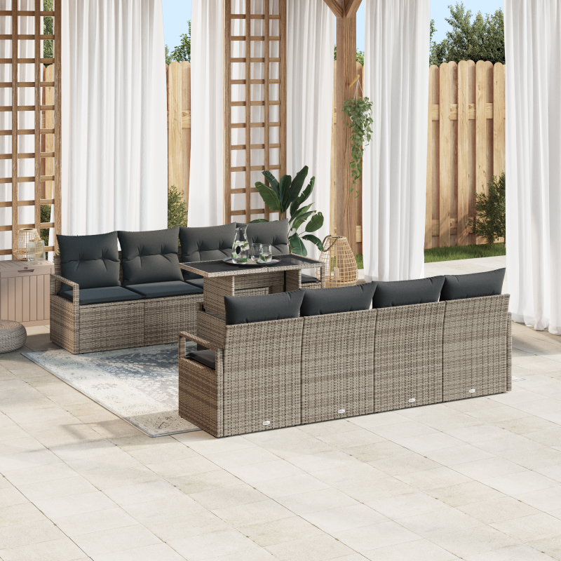 9-teiliges Garten Sofa Set mit Kissen Grau Poly Rattan