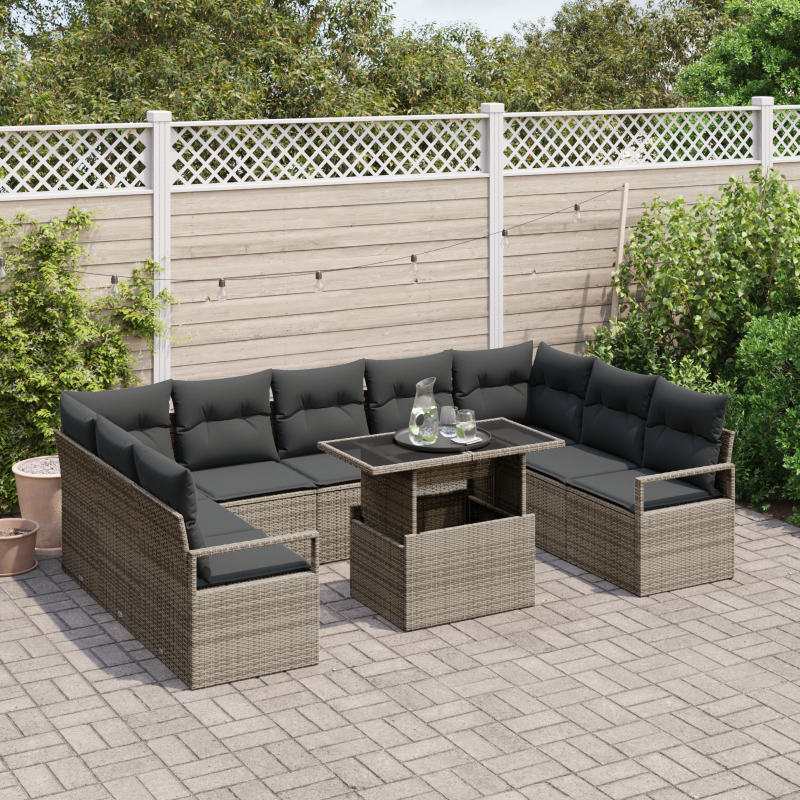 10-teiliges Garten Sofa Set mit Kissen Grau Poly Rattan