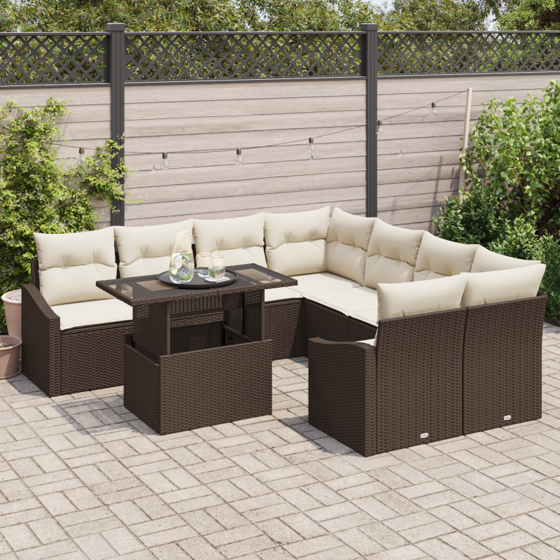 10-teiliges Garten Sofa Set mit Kissen Beige Poly Rattan