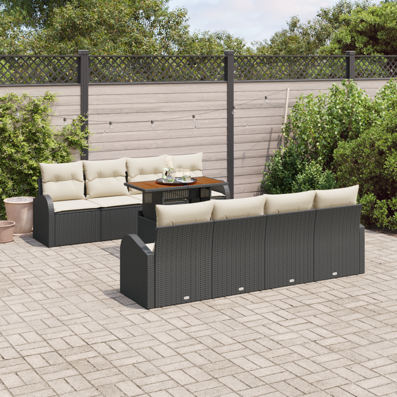 9-teiliges Garten Sofa Set mit Kissen in Schwarz und Poly Rattan