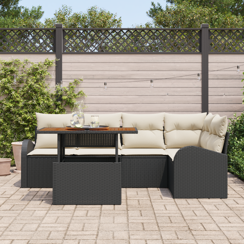 9-teiliges Garten-Sofa-Set mit Kissen - Schwarzes Poly-Rattan