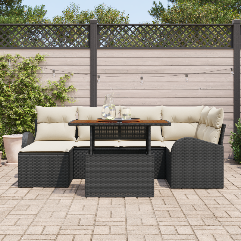 7-teiliges Garten Sofa Set mit Kissen Schwarz Poly Rattan