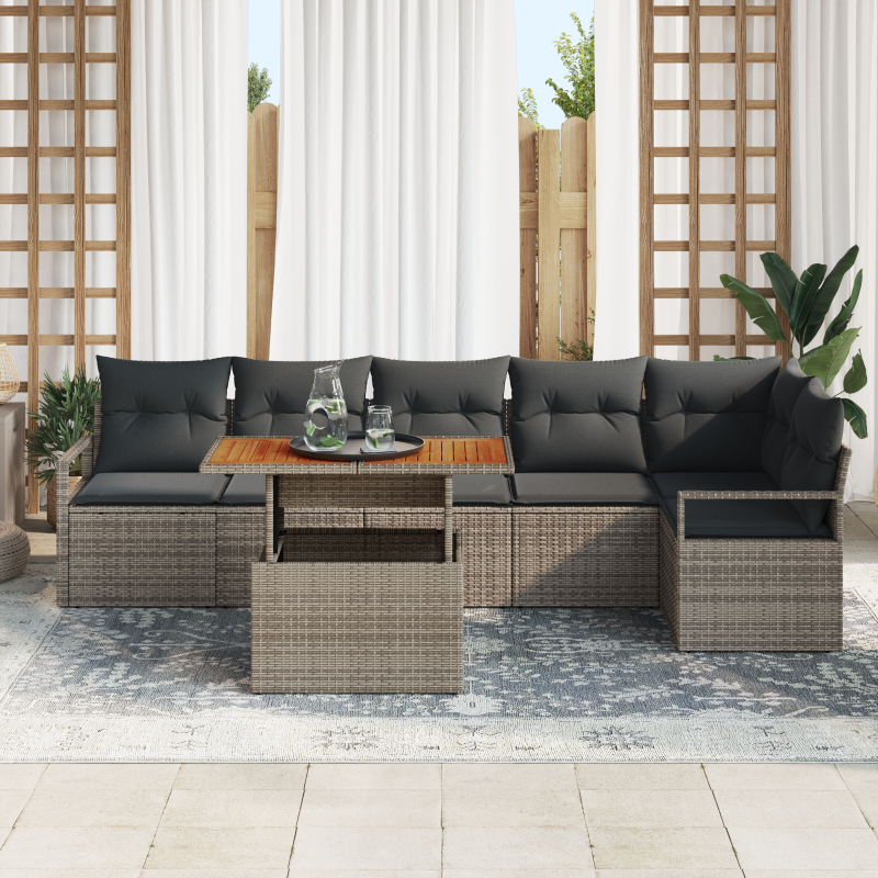 7-teiliges Garten Sofa Set mit Kissen Grau Poly Rattan