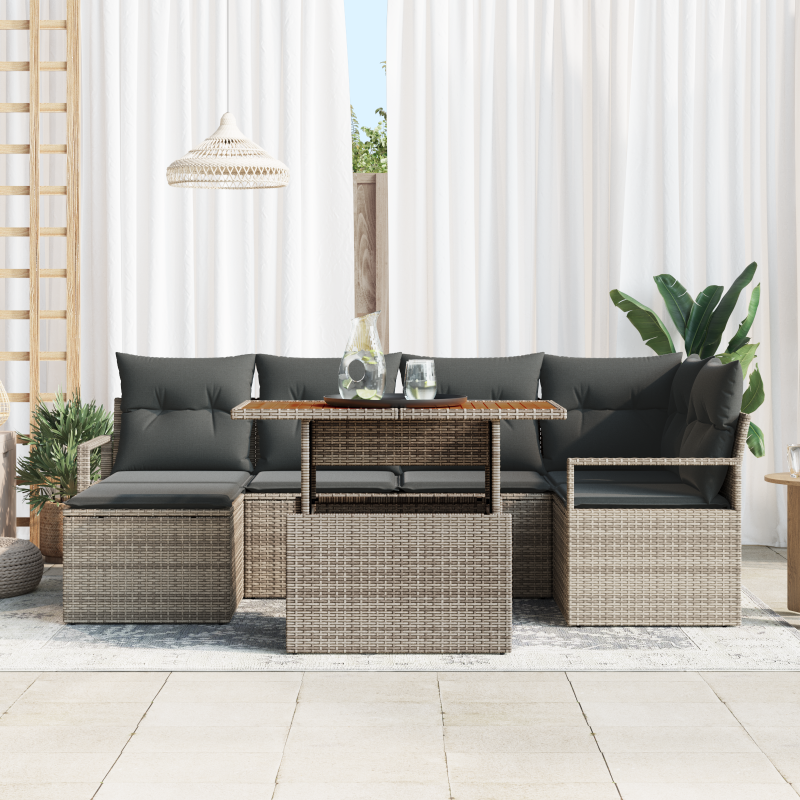 7-teiliges Garten Sofa Set mit Kissen Grau Poly Rattan