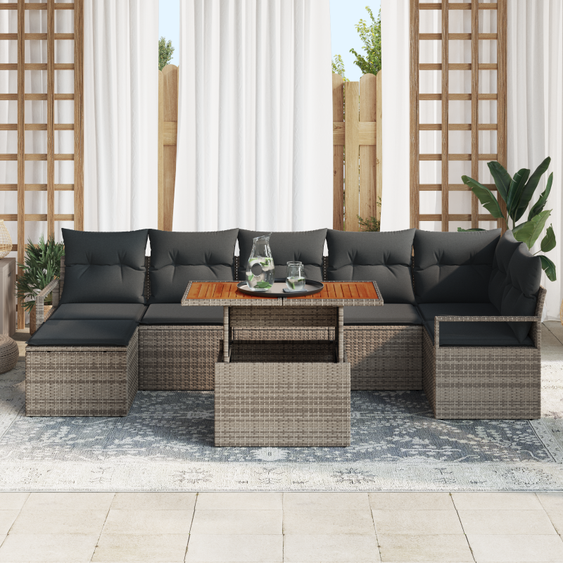 8-teiliges Garten Sofa Set mit Kissen Grau Poly Rattan