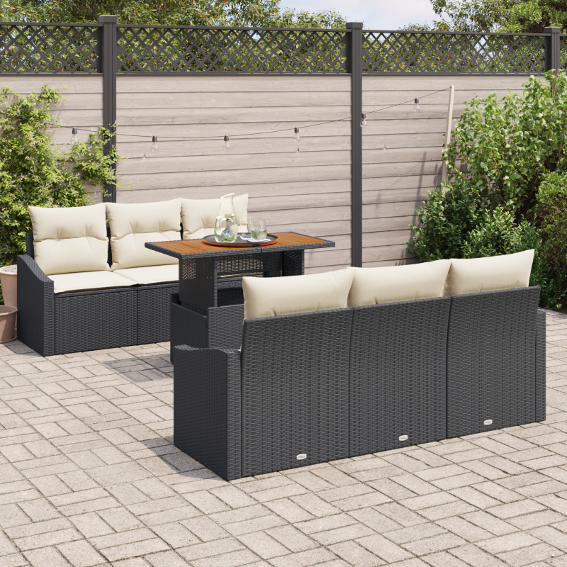 7 teiliges Garten-Sofa-Set mit Kissen Beige Poly Rattan Akazie