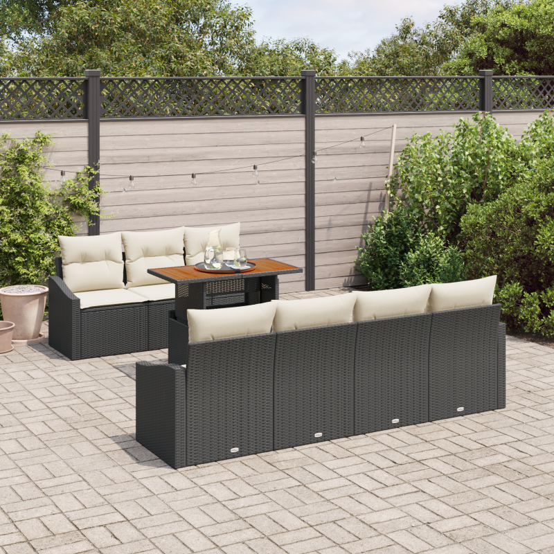 9-teiliges Garten Sofaset mit Kissen Beige Poly Rattan Akazie