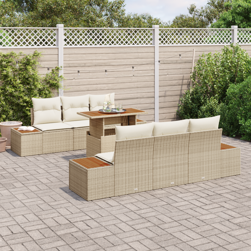 7-teilige Garten-Sofa-Set mit Kissen Beige Poly Rattan
