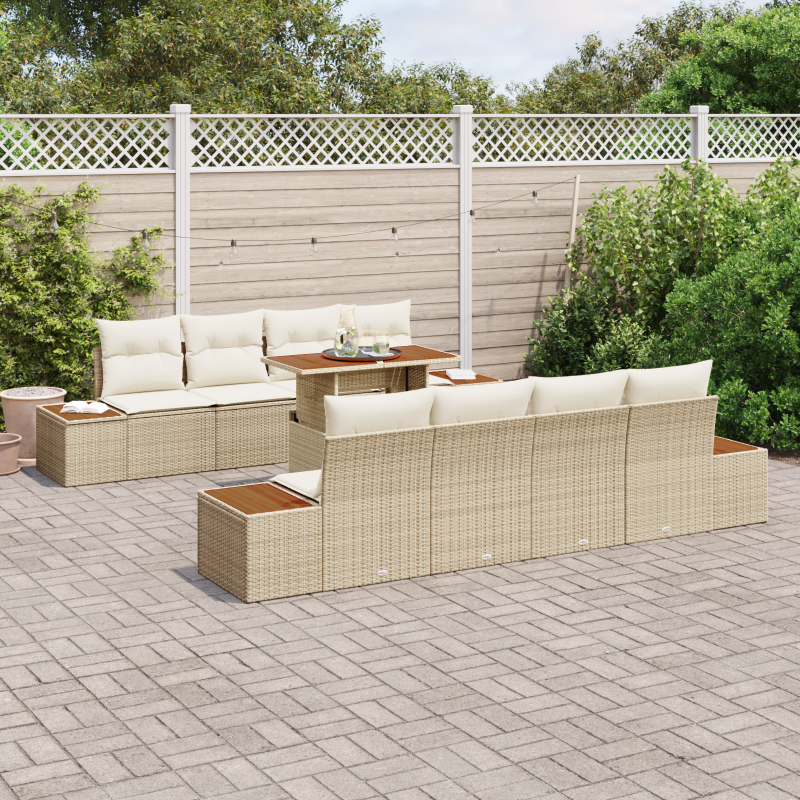 9-teiliges Garten Sofa Set mit Kissen Beige Poly Rattan