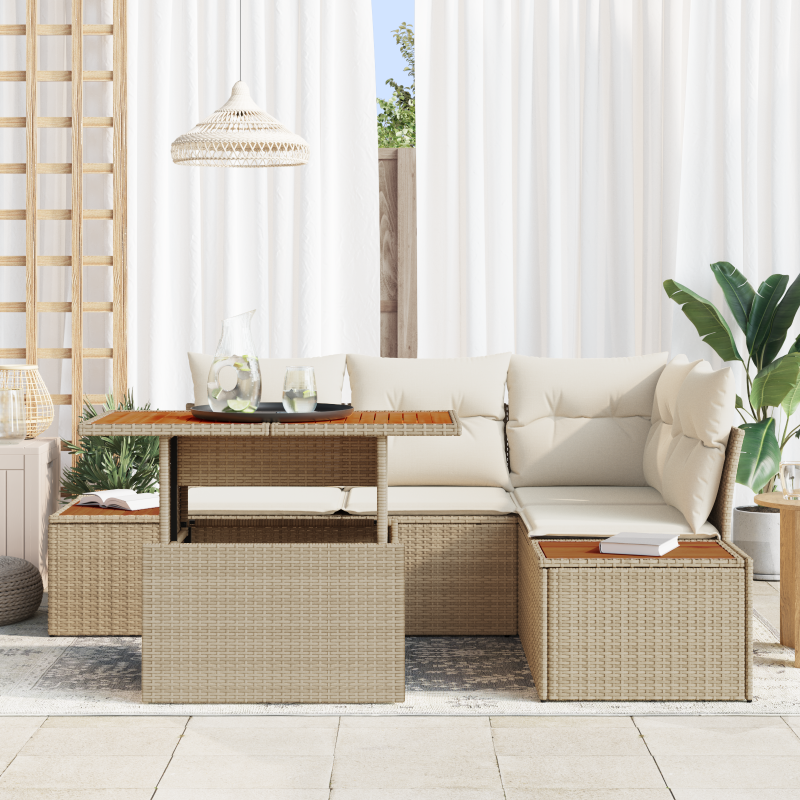5-teiliges Garten-Sofa-Set mit Kissen Beige Poly-Rattan