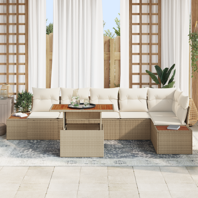7-teiliges Garten Sofa Set mit Kissen Beige Poly Rattan