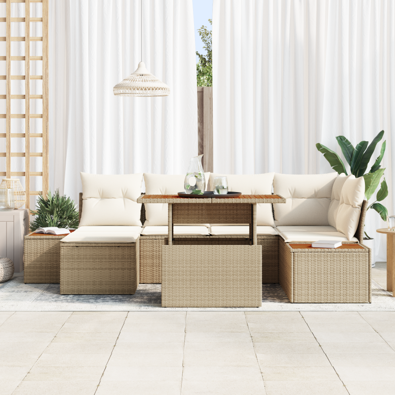 7-teilige Garten Sofagarnitur mit Kissen Beige Poly Rattan