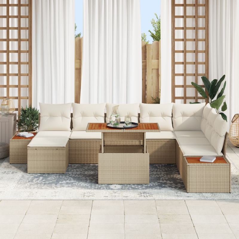 9-Teiliges Garten Sofa Set mit Kissen Beige Poly Rattan