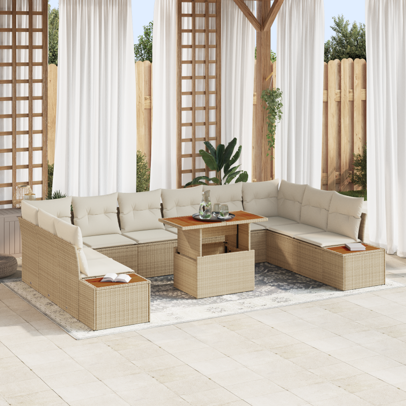 11-teiliges Garten Sofa Set mit Kissen Beige Poly Rattan