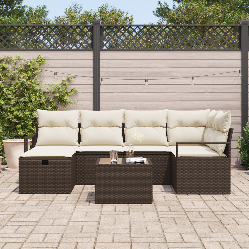 7-teiliges Garten Sofa Set mit Kissen Braun Poly Rattan