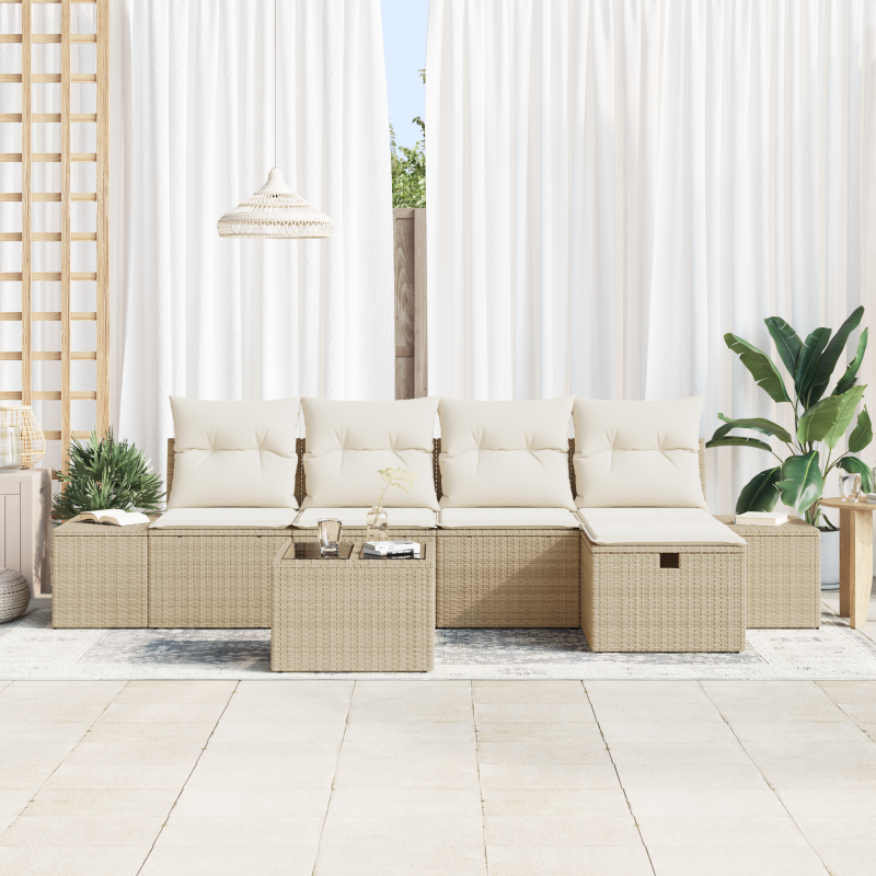 6-teiliges Garten Sofa Set mit Kissen Beige Poly Rattan