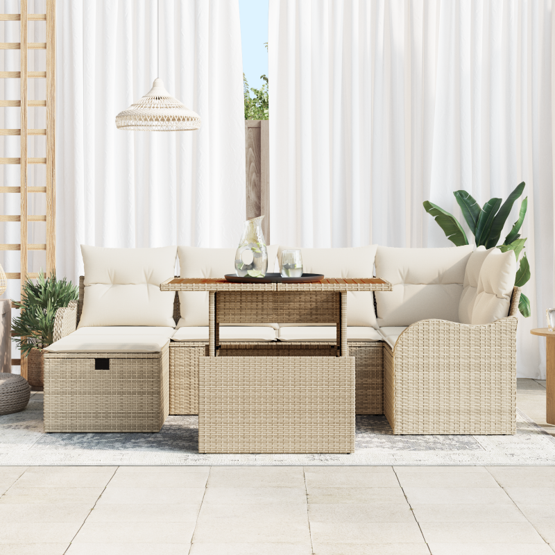 7-teiliges Garten Sofa Set mit Kissen Beige Poly Rattan