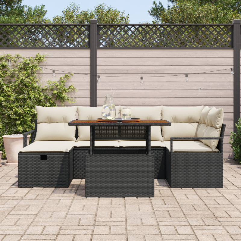 5-teiliges Garten-Essset mit Kissen Schwarz Poly-Rattan