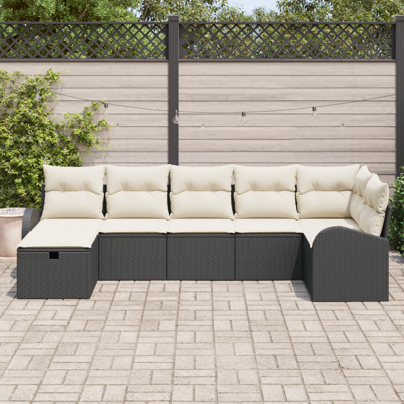 7-teiliges Garten-Sofaset mit Kissen schwarz Poly Rattan