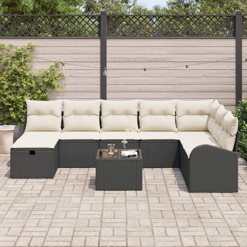 9-teiliges Garten-Sofa-Set mit Kissen Schwarz Poly-Rattan