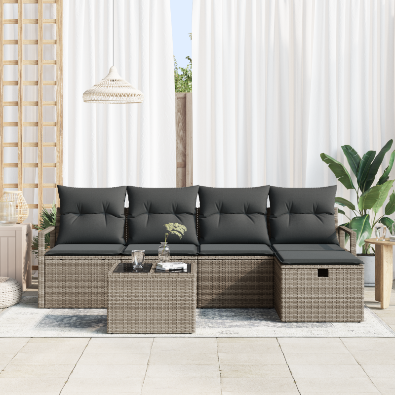 6-teiliges Garten-Sofa Set mit Kissen in Grau aus Poly Rattan