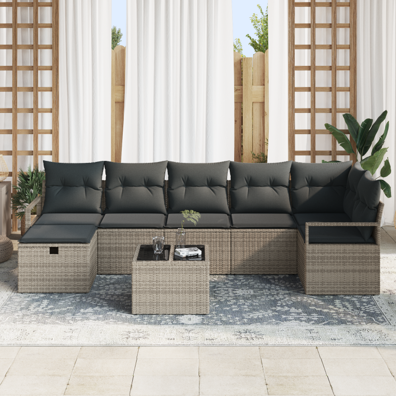 8-teiliges Garten Sofaset mit Kissen aus grauem Poly Rattan