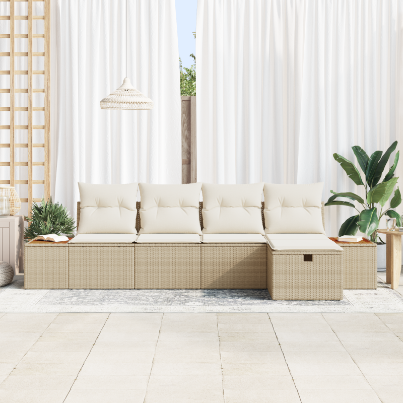 5-teiliges Garten-Sofa-Set mit Kissen Beige Poly Rattan