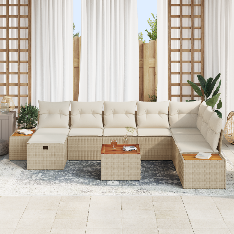 9-teiliges Garten-Sofa-Set mit Kissen Beige Poly Rattan