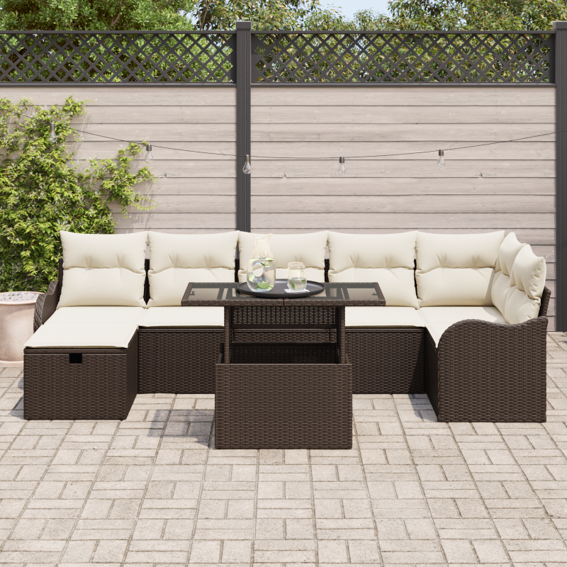 8-teiliges Garten-Sofa-Set mit Kissen in Beige, Poly Rattan