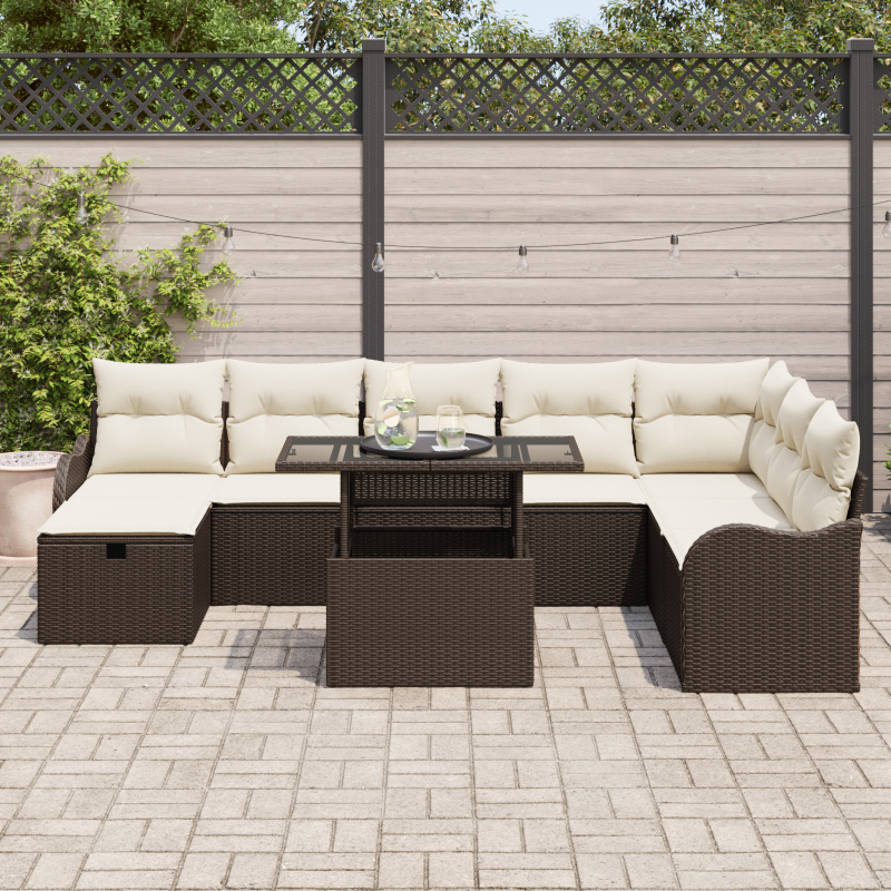 9-teiliges Garten Sofa Set mit Kissen Braun Poly Rattan