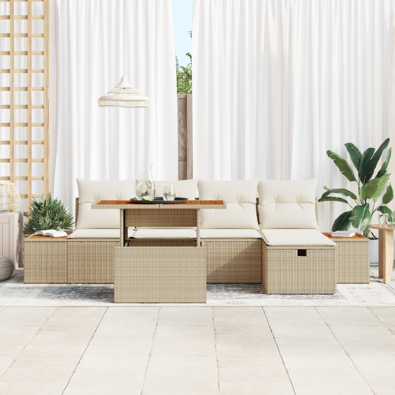 6-teiliges Garten Sofa Set mit Kissen Beige Poly Rattan Akazie