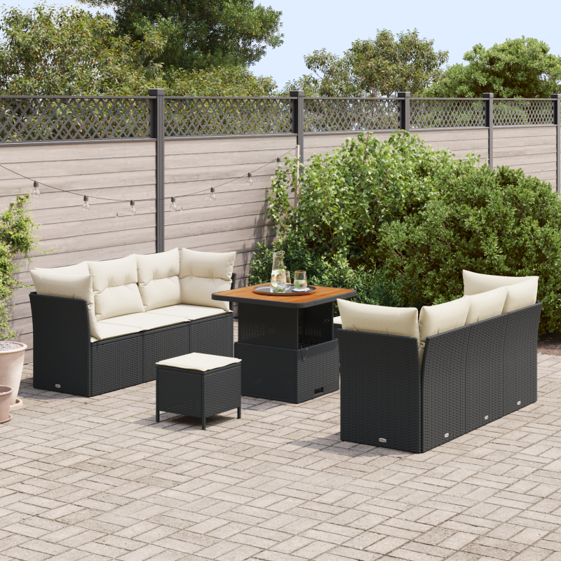 9-teiliges Garten-Sofa-Set mit Kissen aus schwarzem Poly-Rattan
