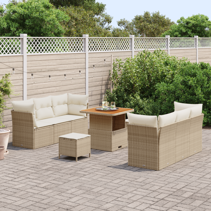 9-teiliges Garten-Sofa-Set mit Kissen Beige Poly Rattan Akazie