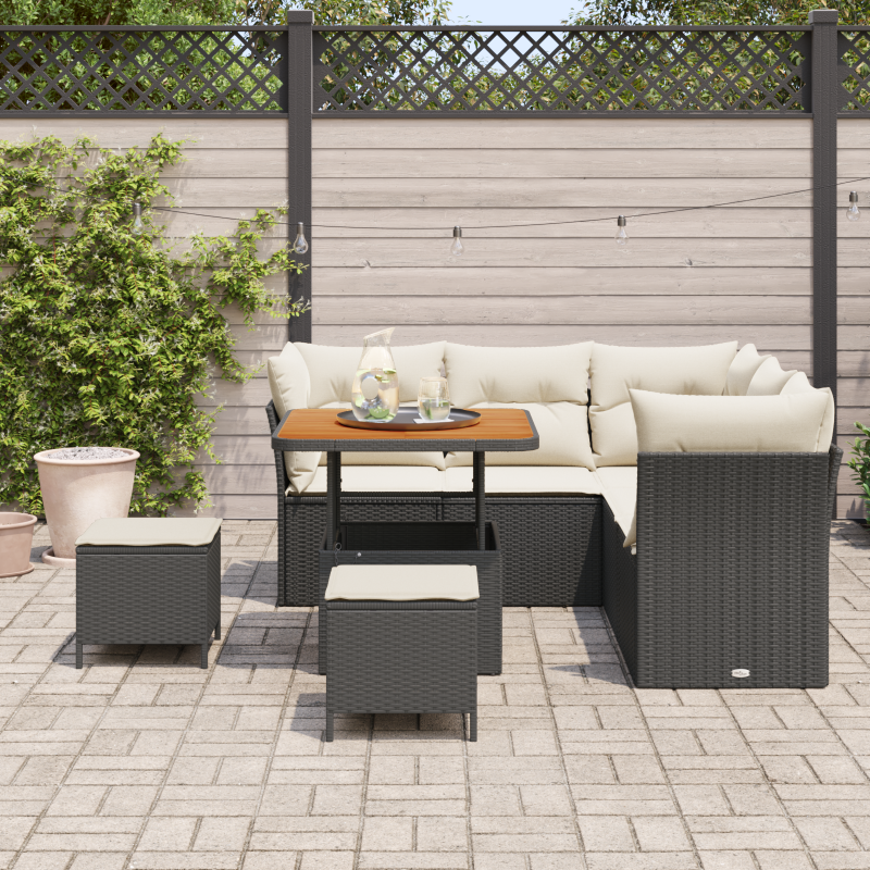 9-teiliges Garten-Sofa-Set mit Kissen - Schwarzes Poly-Rattan
