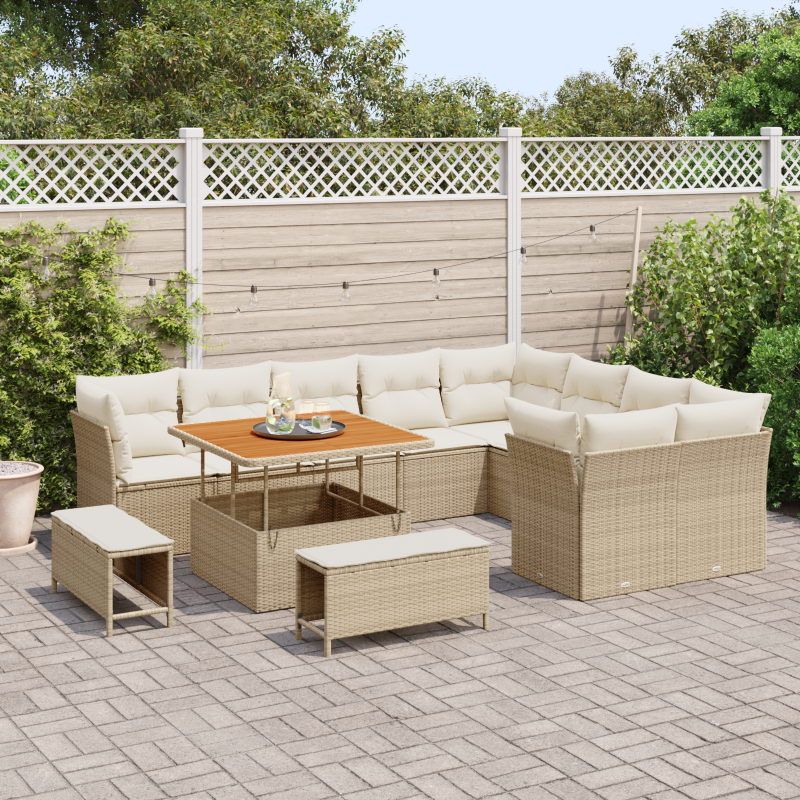 12-teiliges Garten Sofa Set mit Kissen Beige Poly Rattan Akazie