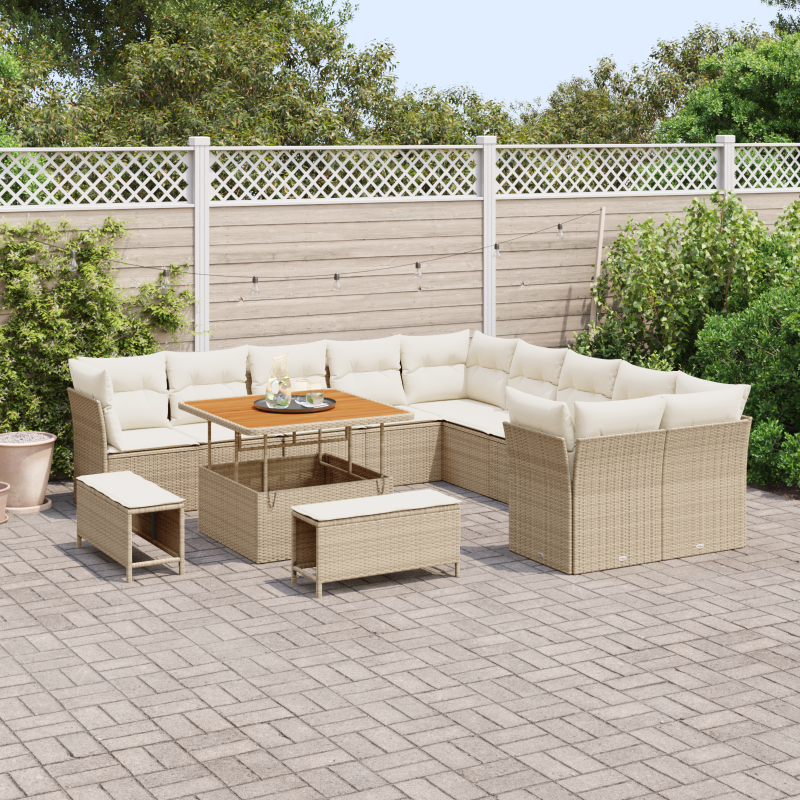 13-teiliges Garten Sofa Set mit Kissen in Beige aus Poly Rattan und Akazie