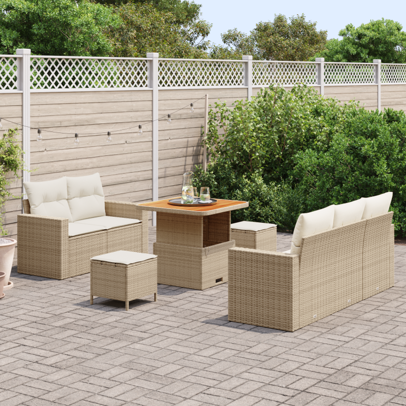 8-teiliges Garten Sofa Set mit Kissen Beige Poly Rattan Akazie
