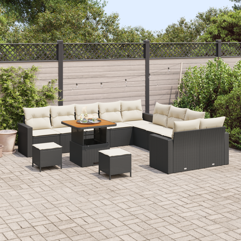 9-teilige Garten-Sofa-Set mit Kissen Beige Poly Rattan Akazie
