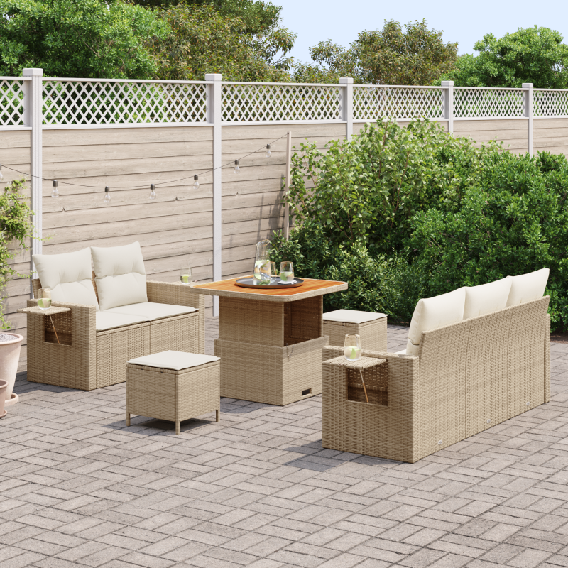 8-teiliges Garten Sofa Set mit Kissen Beige Poly Rattan Akazie