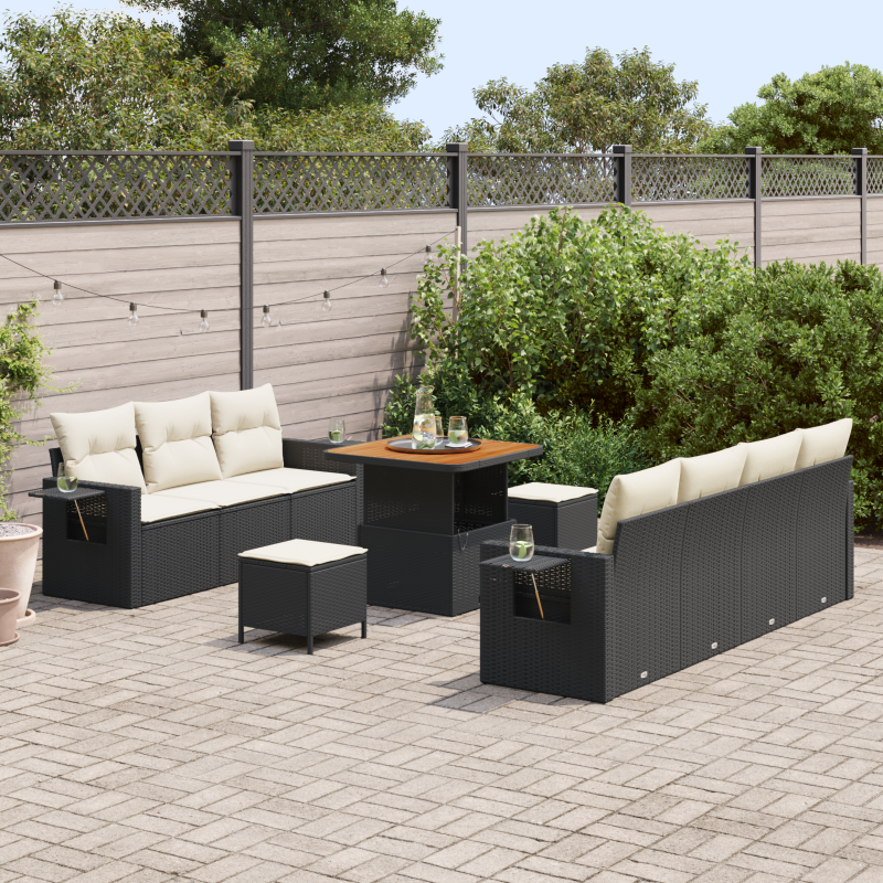 9-teiliges Garten Sofaset mit Kissen Beige Poly Rattan Akazie
