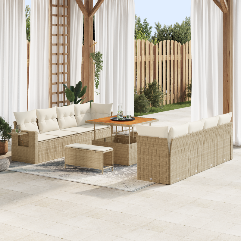 11-teiliges Gartensofa-Set mit Kissen Beige Poly Rattan Akazie