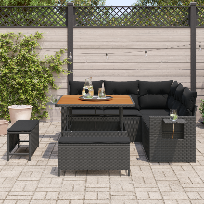 8-teiliges Garten Sofa Set mit Kissen Schwarz Poly Rattan Akazie