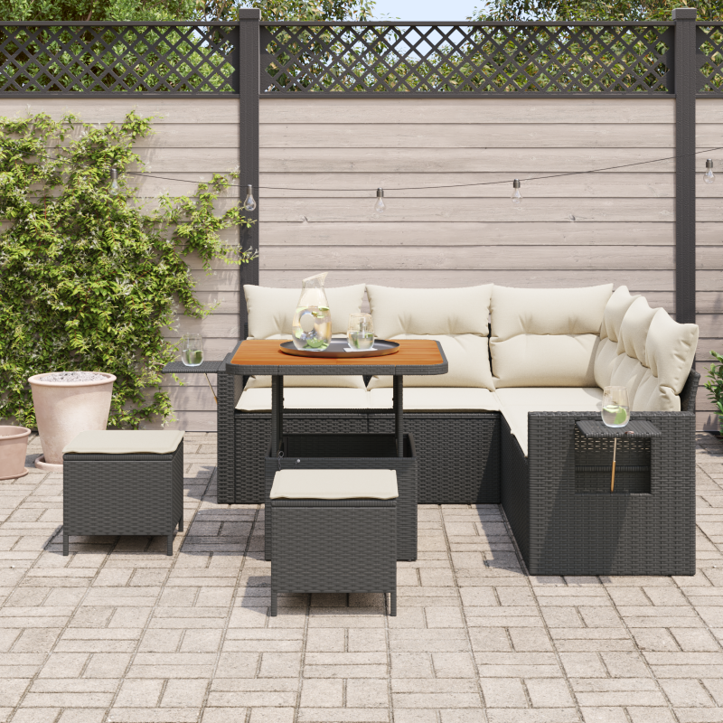 8-teiliges Garten Sofaset mit Kissen Schwarz Poly-Rattan Akazie