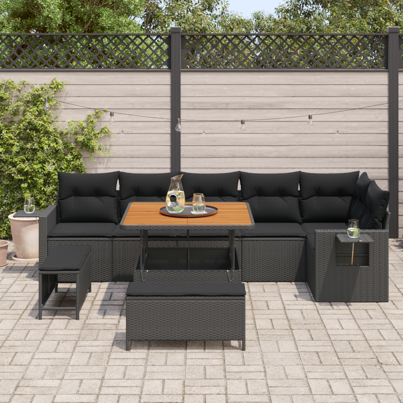 5-teiliges Gartensofa Set mit Kissen in Schwarz aus Polyrattan und Akazie